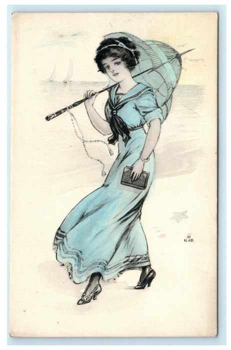 c1910 Woman in Blue Dress w/ Parasol & Purse G&B Antique Handcolored Postcard