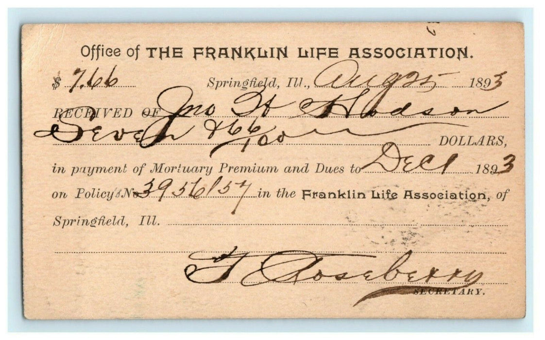 1893 Receipt Franklin Life Association Springfield Illinois IL Antique Postcard