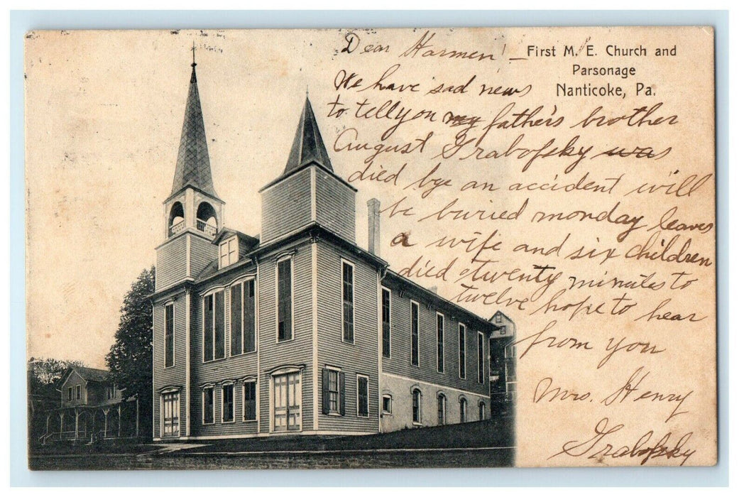 1909 First M.E. Church And Parsonage Nanticoke Pennsylvania PA Antique Postcard