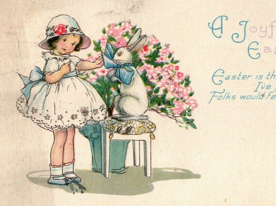 1930 Easter Hungarian Girl Dress Bunny Flowers Cleveland Ohio OH Postcard