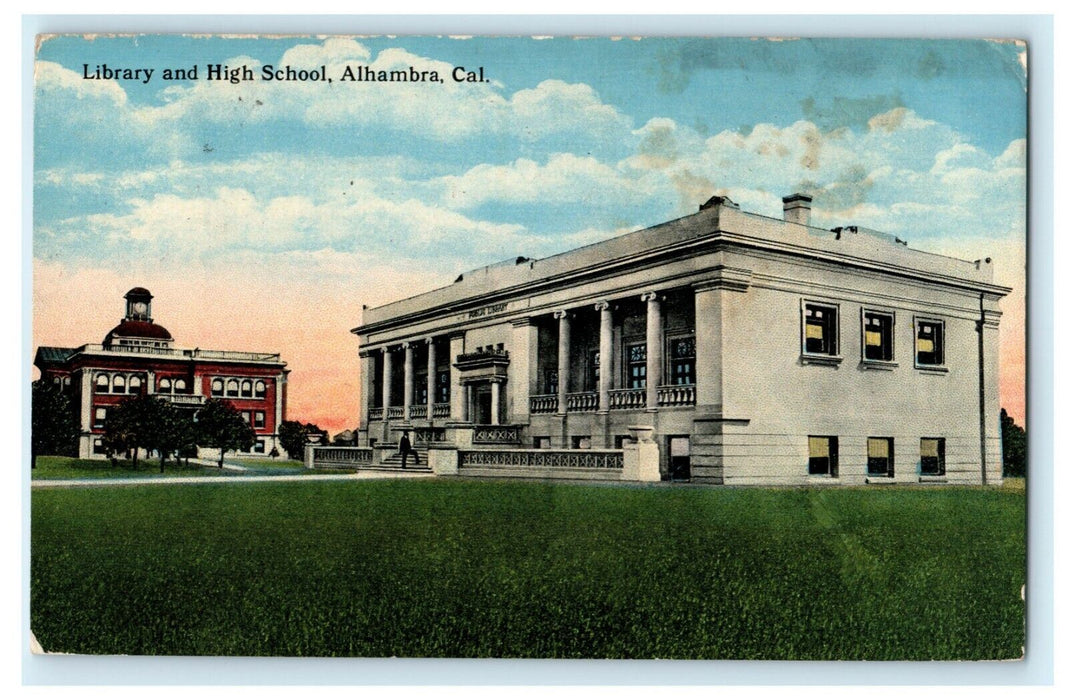 1919 Library and high School Alhambra California CA Antique Postcard