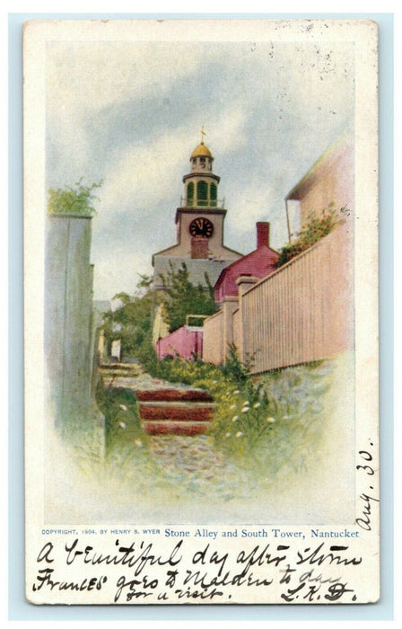 1908 Stone Alley & South Tower Nantucket Massachusetts Posted Antique Postcard