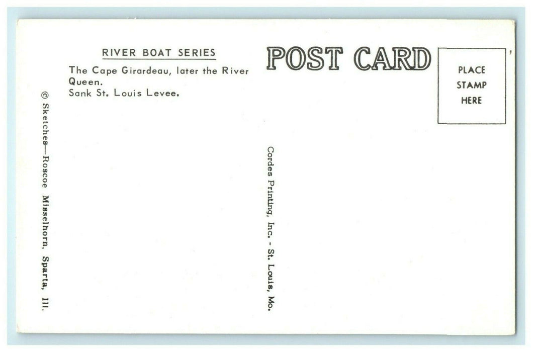 c1950's River Boat Cape Girardeau Sketch Sparta Illinois IL Vintage Postcard