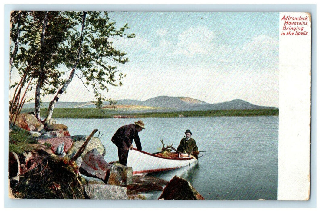 c1905 Adirondack Mts. NY,  Bringing Spoils Deer Catch Boy Smoke Pipe Postcard