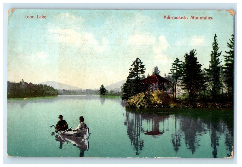 1909 Loon Lake Adirondacks Mountains New York NY Boys Canoeing Postcard