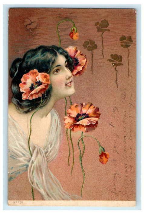 1907 Pleasantville NJ, Eustis FL, Art Nouveau Woman PMC European Postcard