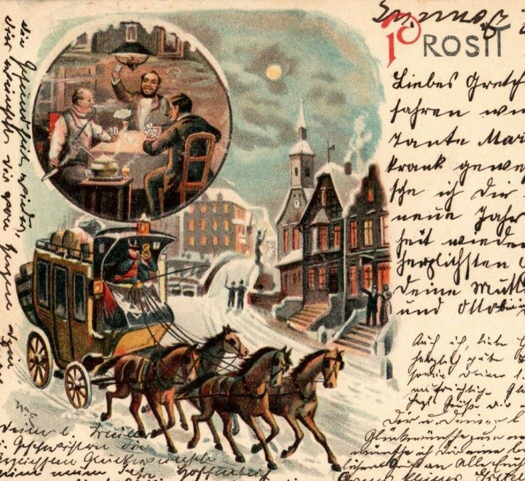 1890's Prosit New Year Hamburg Germany Multiview Carriage Antique Postcard