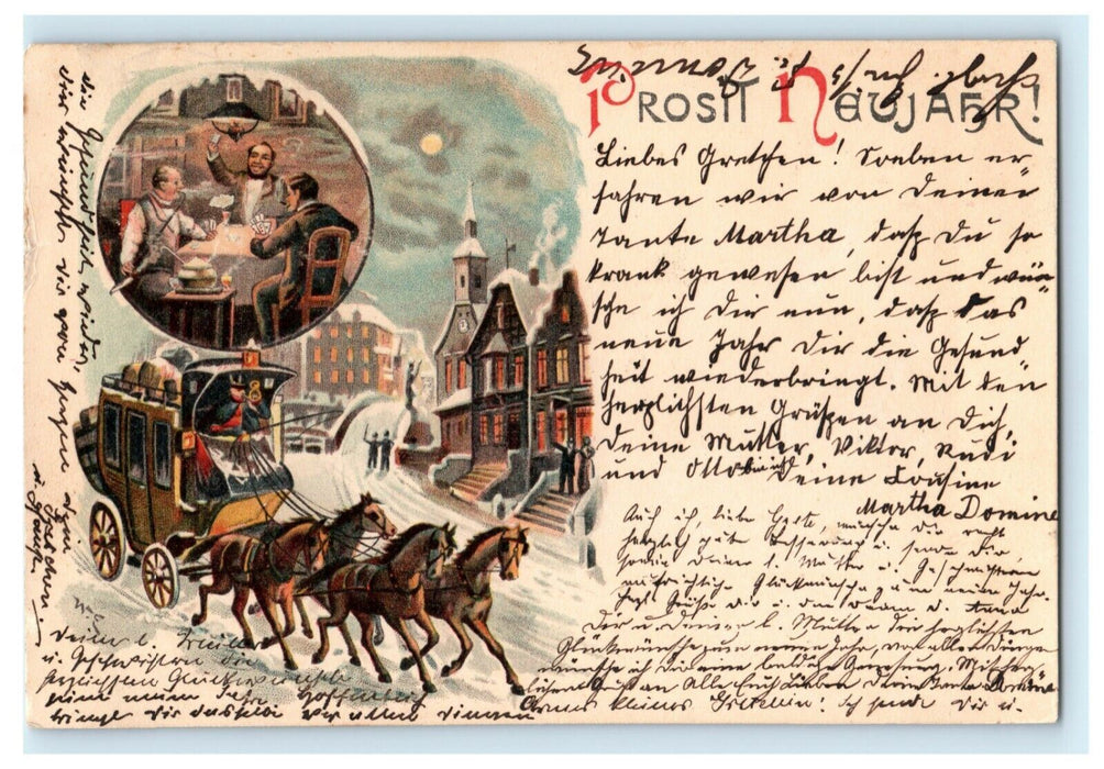 1890's Prosit New Year Hamburg Germany Multiview Carriage Antique Postcard