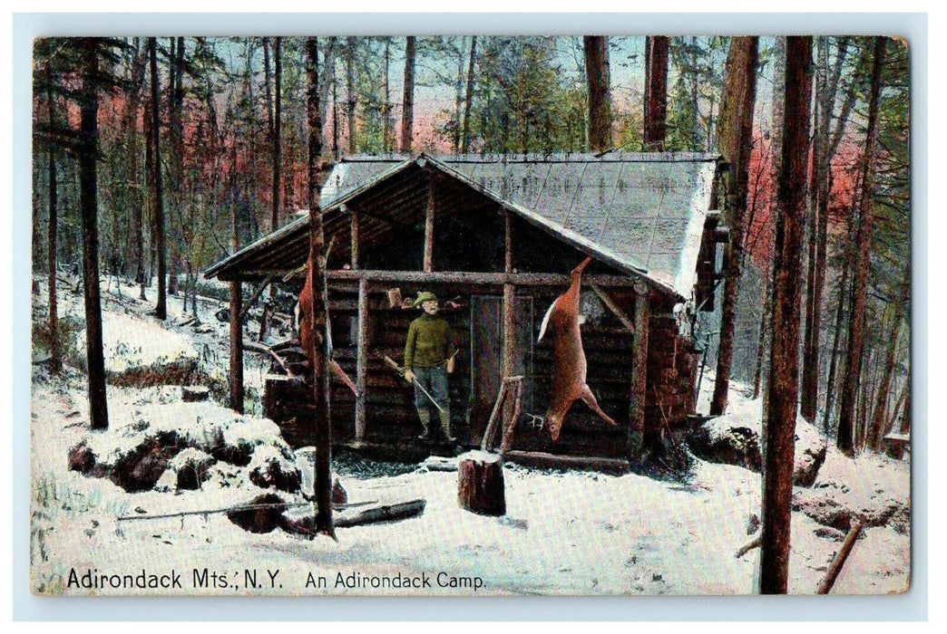 1910 An Adirondacks Camp Deer Hunt Winter Adirondacks Mts. New York NY Postcard