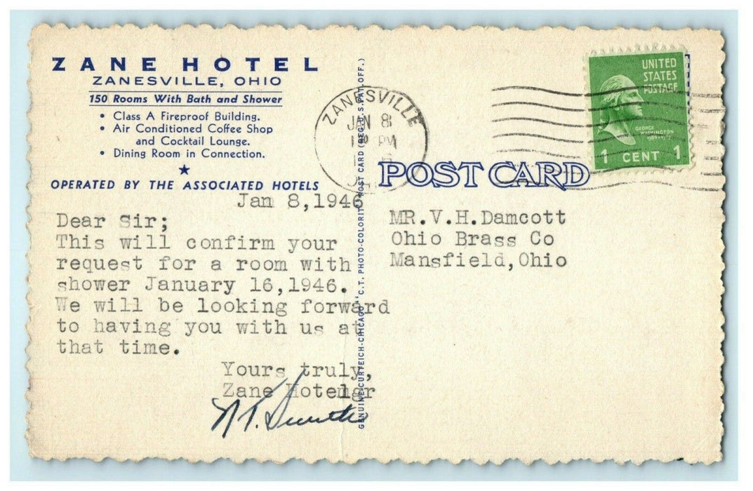 1946 Zane Hotel Reservation Confirmation Zanesville Ohio OH Vintage Postcard