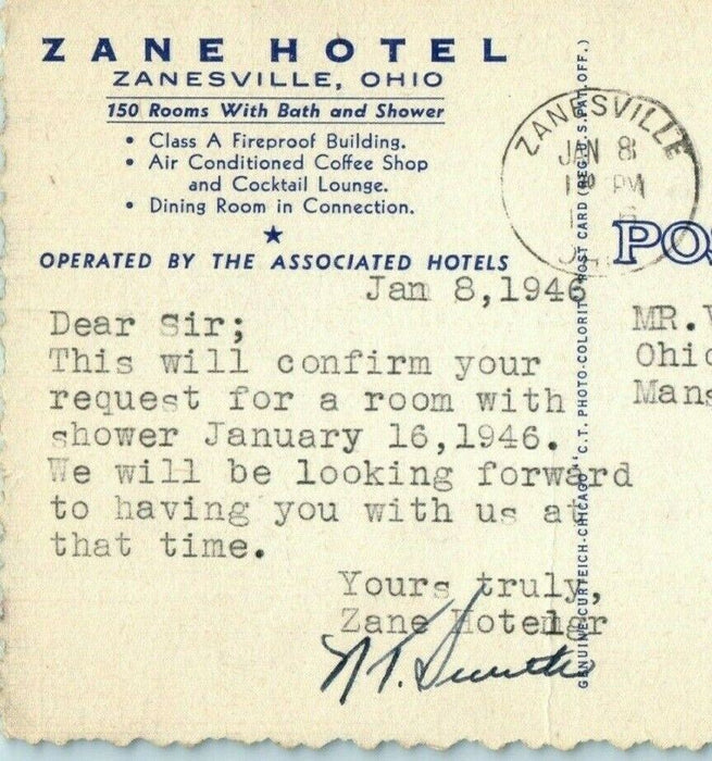 1946 Zane Hotel Reservation Confirmation Zanesville Ohio OH Vintage Postcard