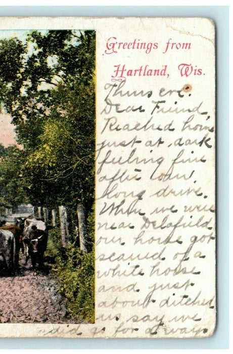 1907 Greetings From Hartland Wisconsin WI Nashotah Antique Postcard