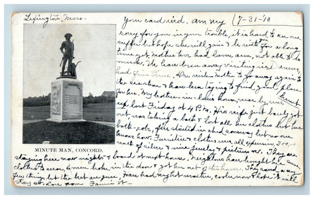 1910 Minute Man Concord Massachusetts MA Lexington MA Posted PMC Postcard