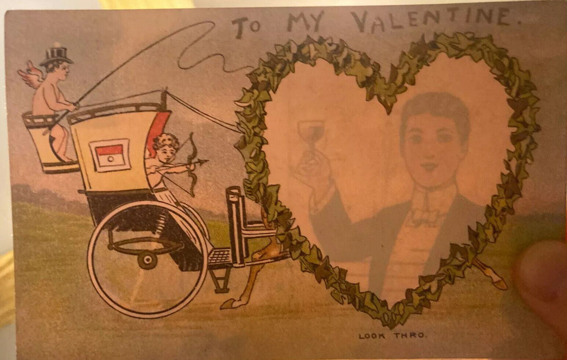 1911 HTL Hold to Light Valentine Cupid Chariot Posted Look Thru Antique Postcard