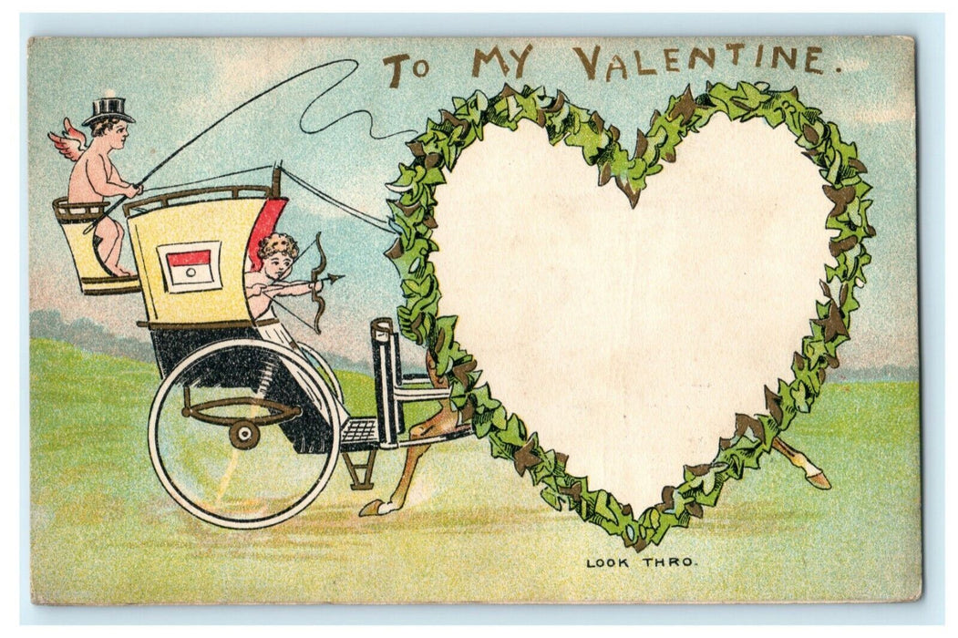 1911 HTL Hold to Light Valentine Cupid Chariot Posted Look Thru Antique Postcard