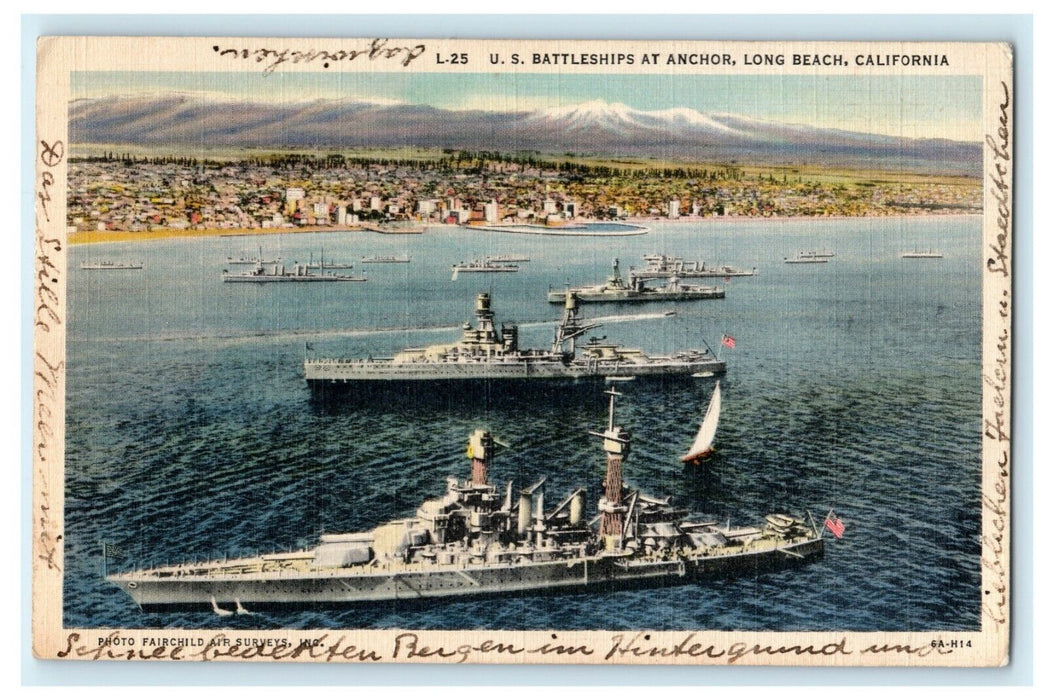1937 Hungarian US Battleships Anchor Long Beach California CA Postcard