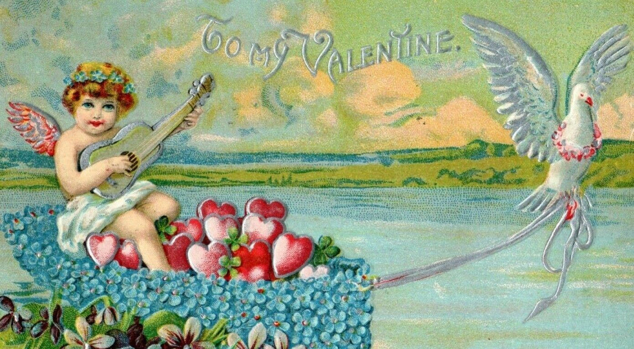 1915 Valentine Cherub Guitar Dove Hearts Flowers Embossed Postcard