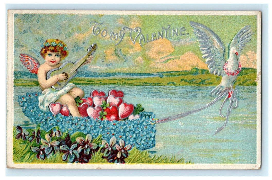 1915 Valentine Cherub Guitar Dove Hearts Flowers Embossed Postcard