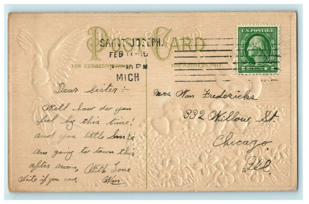 1915 Valentine Cherub Guitar Dove Hearts Flowers Embossed Postcard