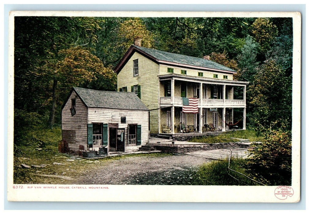 c1910 RIP Van Winkle House American Flag Catskill Mountains New York NY Postcard