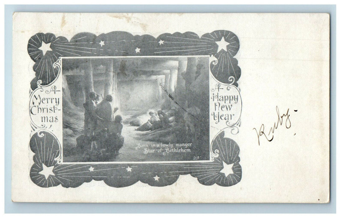 1905 Born in Lowly Manger Merry Christmas Happy New Year Providence RI Postcard