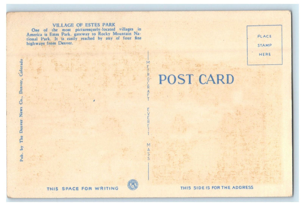 c1930 Village of Estes Park, Colorado CO Gateway to Rocky Mountain Park Postcard