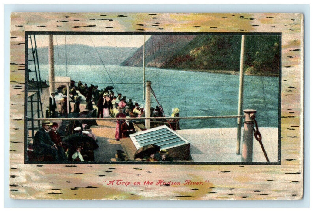 1909 A Trip On The Hudson River Boat Passengers New York NY Antique Postcard