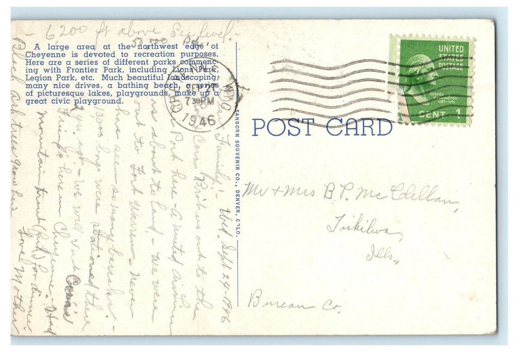 1946 Sunset from the Bathing Beach Legion Park, Cheyenne Wyoming WY Postcard