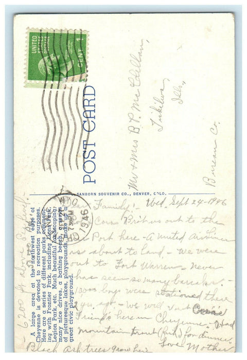 1946 Sunset from the Bathing Beach Legion Park, Cheyenne Wyoming WY Postcard