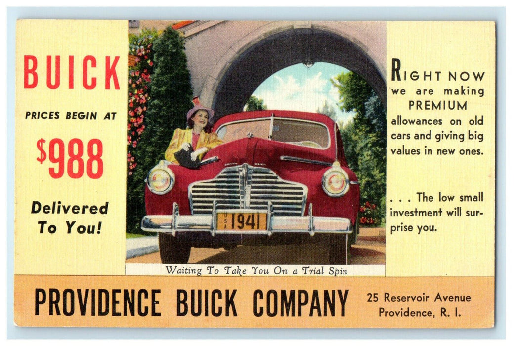 1941 Red Buick, Providence Buick Company Providence Rhode Island RI Postcard