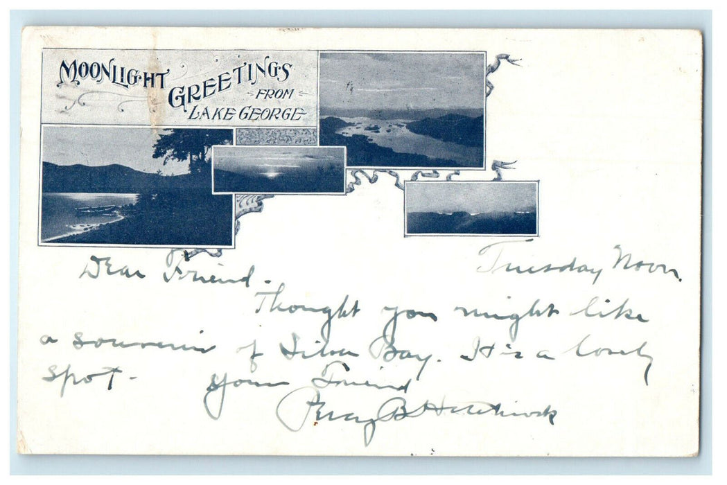 1904 Silverbay NY Moonlight Greetings from Lake George NY Posted Postcard