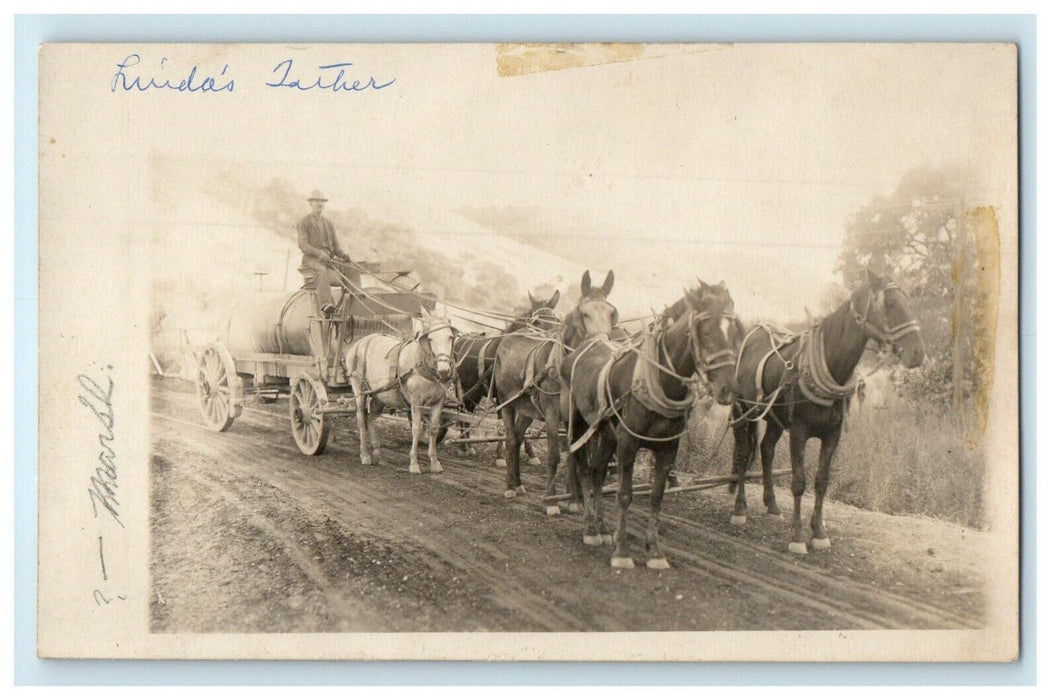 c1910's Oil Wagon Pulling Horses Tuttle Marsh California CA RPPC Photo Postcard
