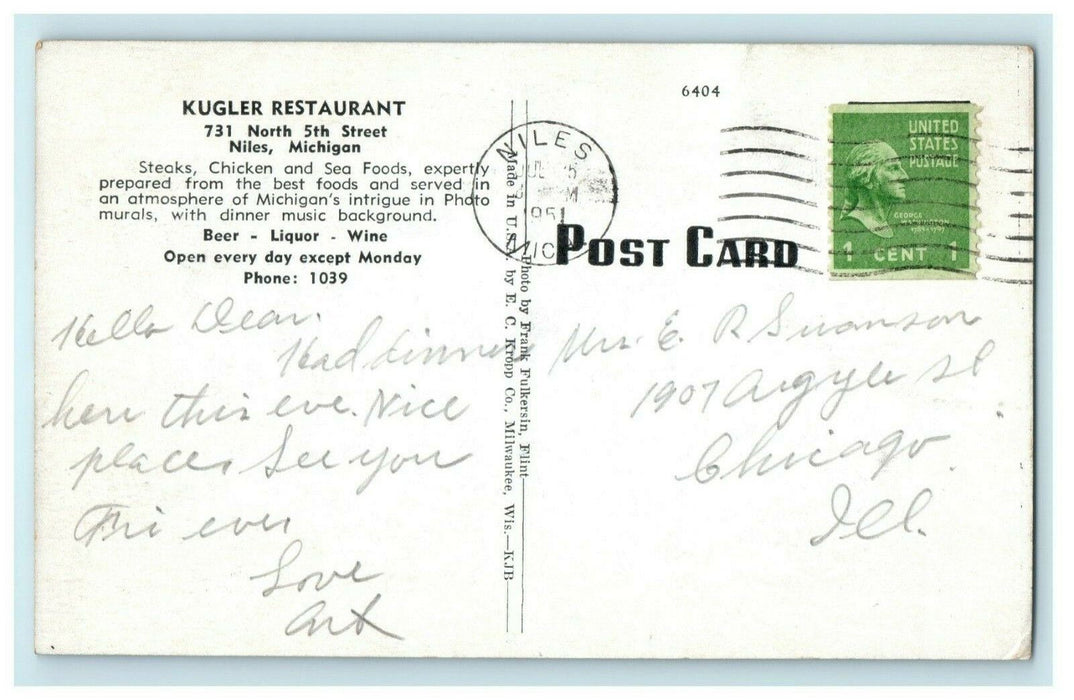 1951 Kugler Restaurant Niles Michigan MI Advertising Posted Vintage Postcard