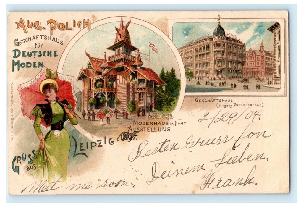 1897 Gruss Aus Leipzig Woman Parasol Umbrella Philadelphia PA Antique Postcard