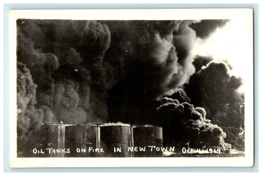 c1910's Oil Tanks On Fire Smoke Newtown Texas TX RPPC Photo Antique Postcard