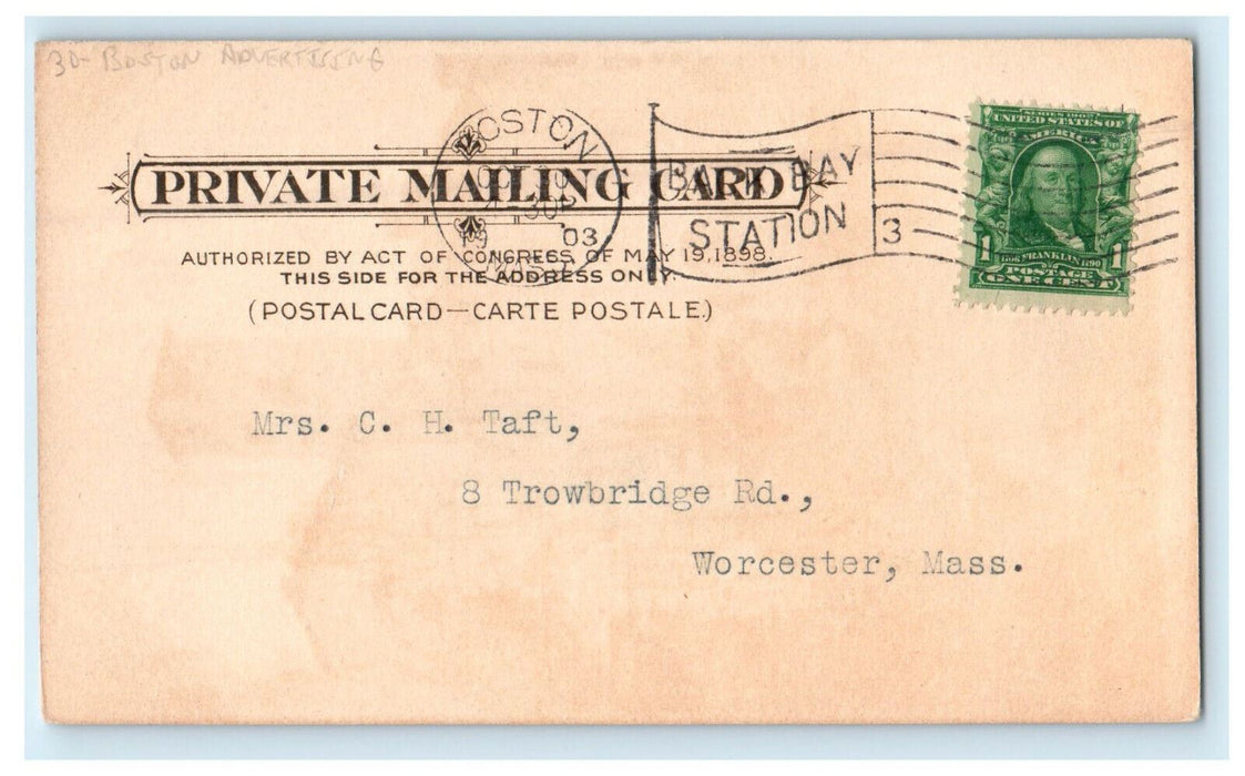 1903 Souvenirs of Foreign Travel, Boston, MA Advertising Cancel PMC Postcard