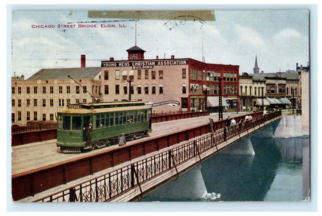 1910 Chicago St. Bridge Elgin Illinois IL Trolley Roselle Antique Postcard