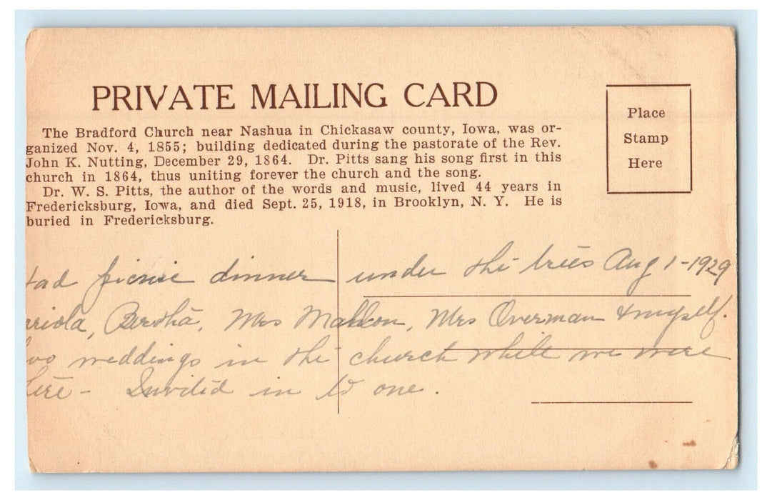 1929 The Little Brown Church Poem, The Bradford Church PMC Postcard