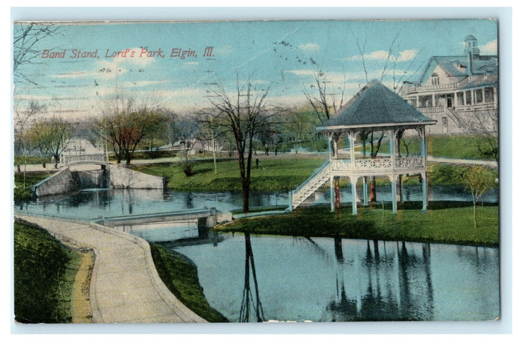 1910 Band Stand Lord's Park Elgin Illinois IL Roselle Posted Antique Postcard