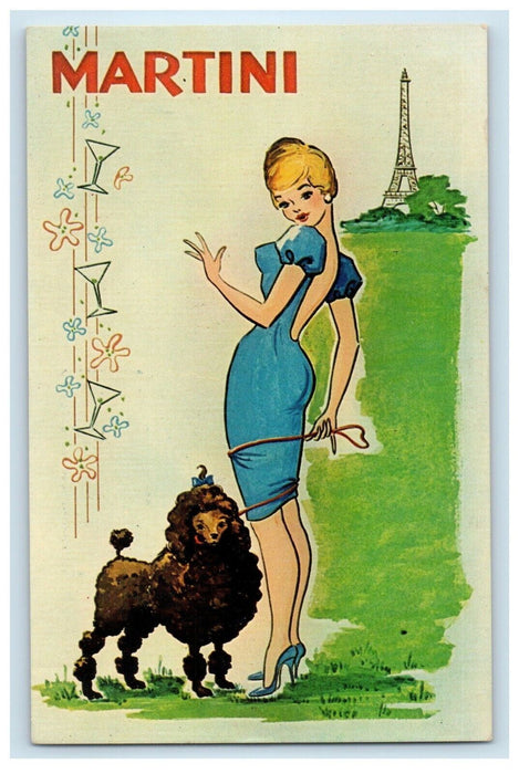 Pretty Girl Martini Poodle Dog Tower View Unposted Vintage Postcard