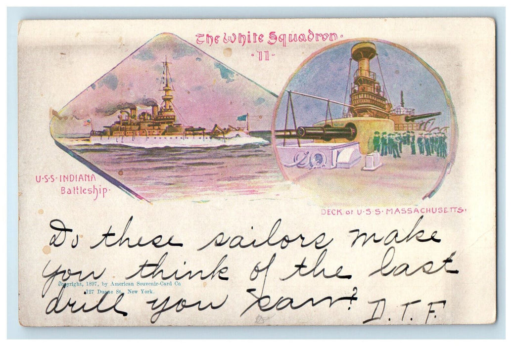 1905 USS Indiana & Deck or USS Massachusetts White Squadron 11 Postcard