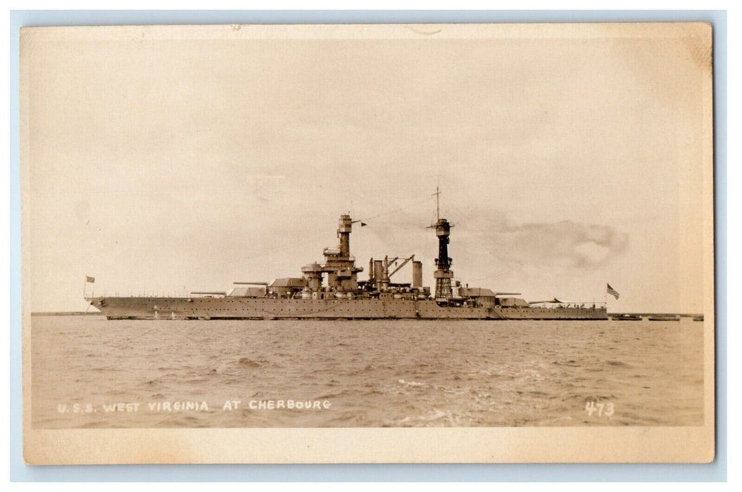 c1920's U.S.S. Steamer Ship West Virginia Cherbourg France RPPC Photo Postcard