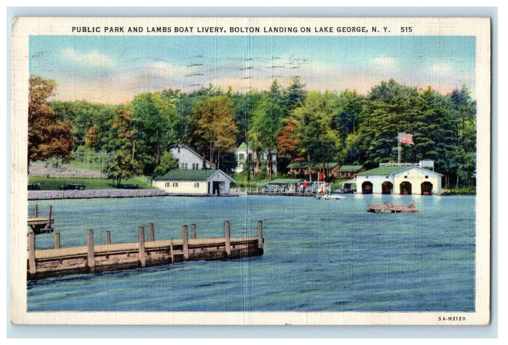 1937 Public Park and Lambs Boat Livery Bolton Landing Lake George NY Postcard