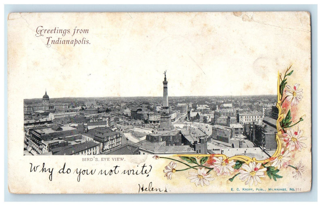 1907 Bird's Eye View, Greetings from Indianapolis IN Caldwell OH PMC Postcard