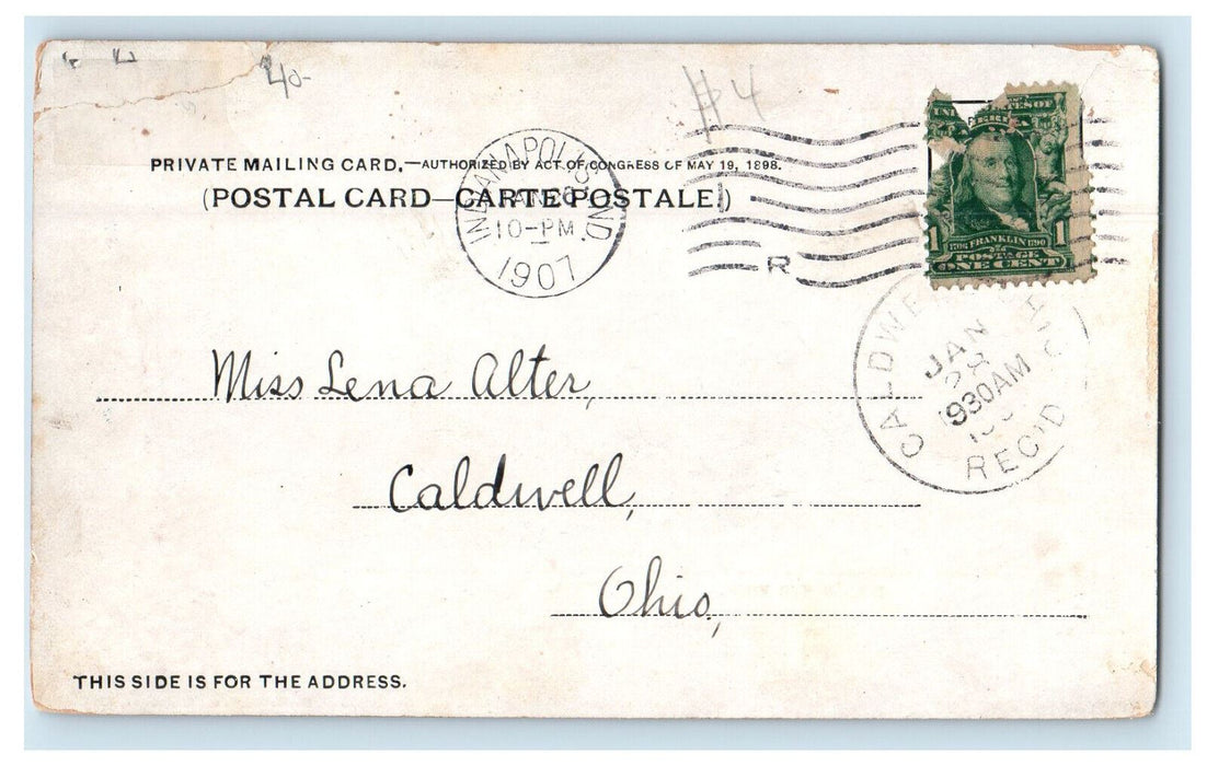 1907 Bird's Eye View, Greetings from Indianapolis IN Caldwell OH PMC Postcard