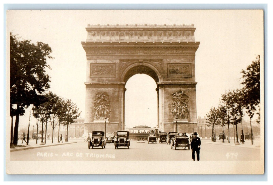 c1920's Paris Arc De Triomphe Cars Trolley France RPPC Photo Vintage Postcard