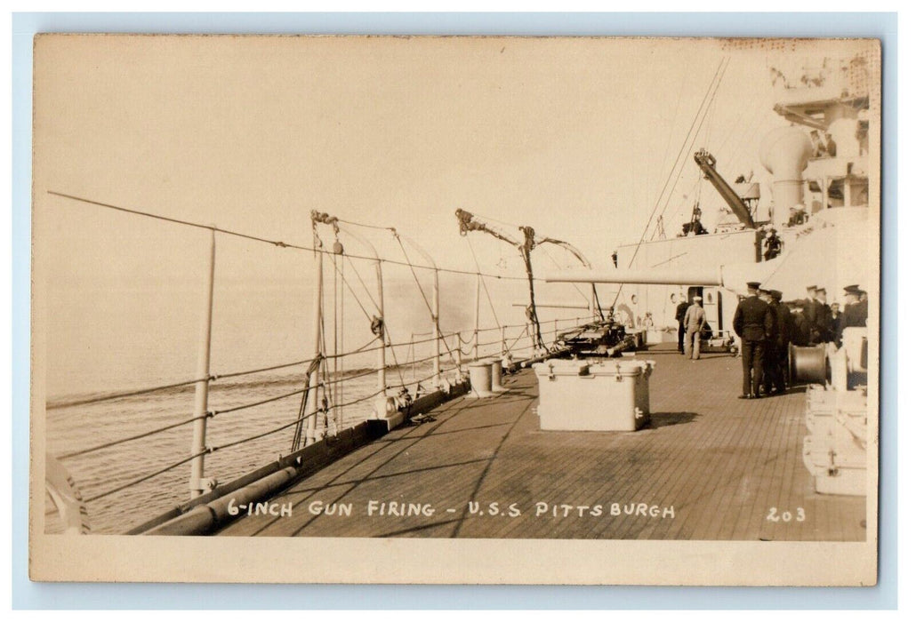 c1920's 6-Inch Gun Firing U.S.S Pittsburgh Ship Navy Sailors RPPC Photo Postcard
