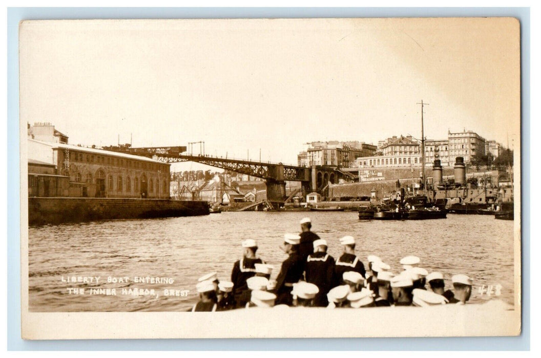 US Navy Sailor Boat Entering Inner Harbor Brest France RPPC Photo Postcard