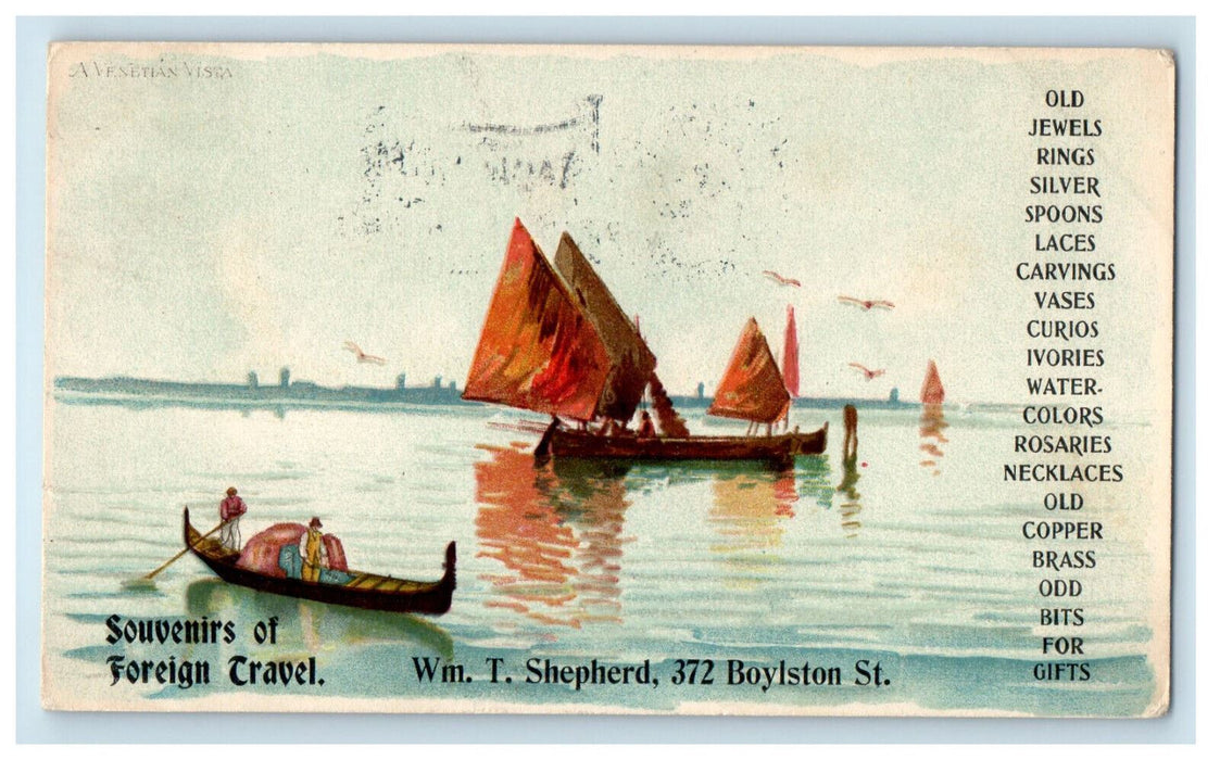 1902 Canoe Boat Scene Souvenirs of Foreign Travel Boston MA Advertising Postcard