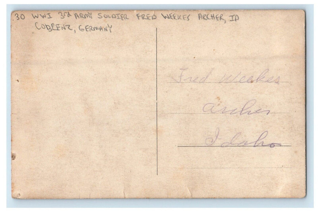 WWI 3rd Army Soldier Fred Weekes Archer ID Coblenz Germany RPPC Photo Postcard